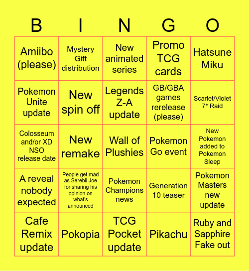Pokemon Presents 2026 Bingo Card
