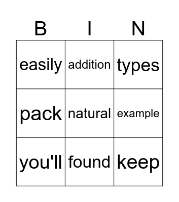Vocabulary Bingo Card
