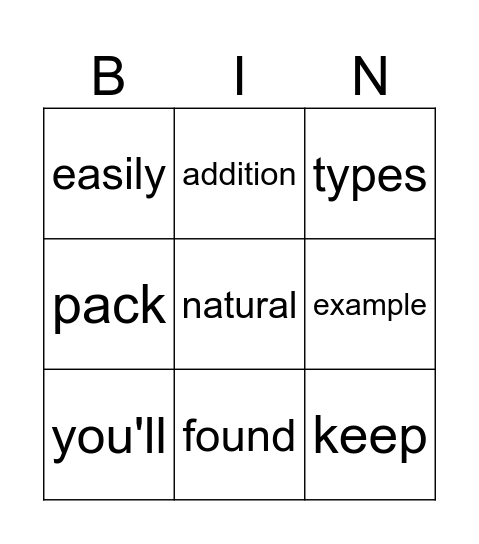 Vocabulary Bingo Card
