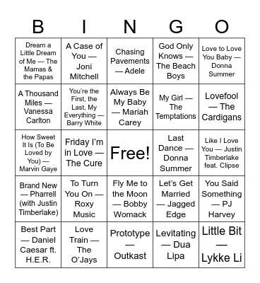 I Love You Bingo Card