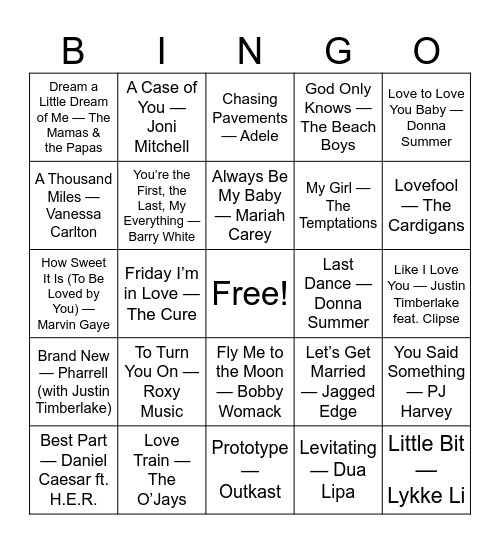 I Love You Bingo Card