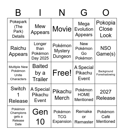 Pokémon Day 2026 Bingo Card