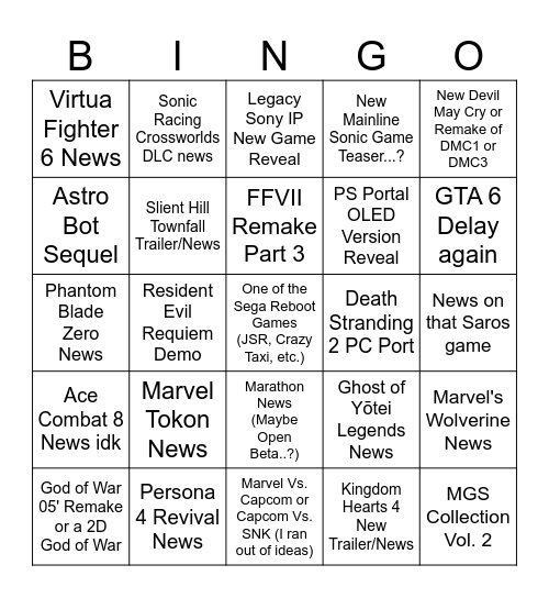 PlayStation State of Play 2/11/2026 Bingo Card Bingo Card
