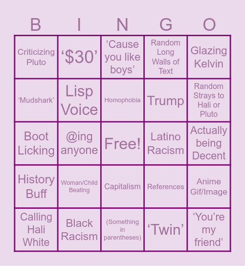 Oryons Go To Bingo Card