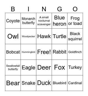 Wildlife Bingo Card
