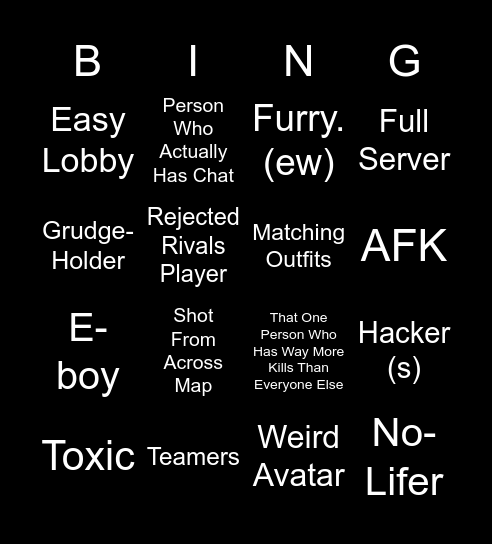 Quick Shot Bingo Card