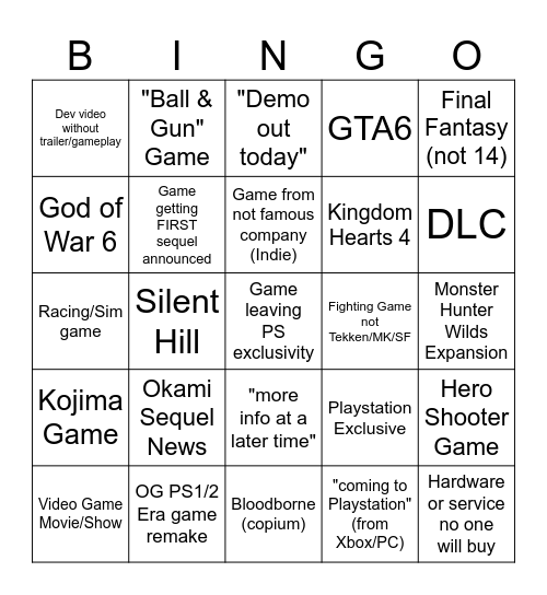 State of Play Bingo Card