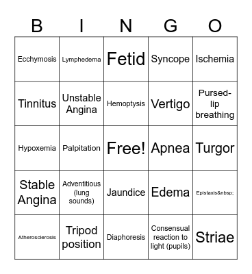 Skin, HEENT, Resp, & CV BINGO Card