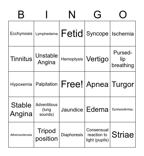 Skin, HEENT, Resp, & CV BINGO Card