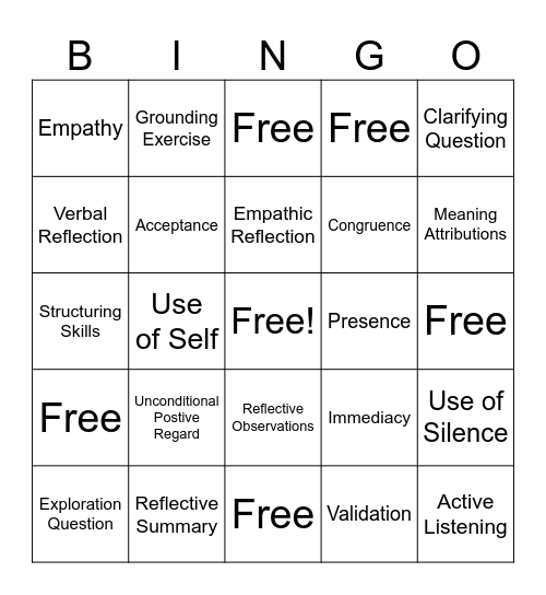 Person Centered Therapy Skills Bingo Card