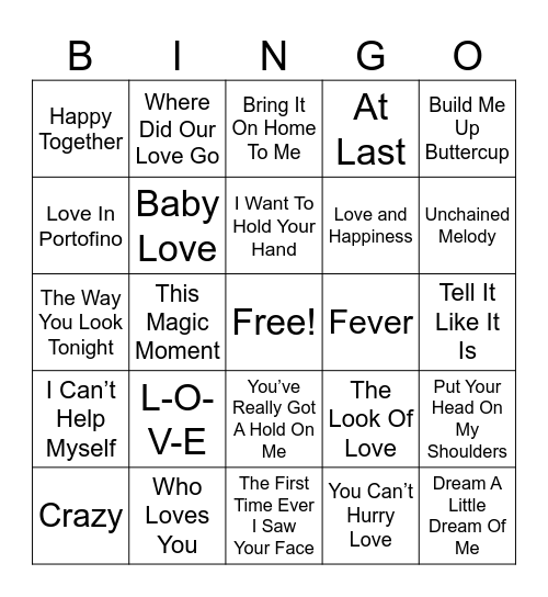 Classic Love Songs Bingo Card