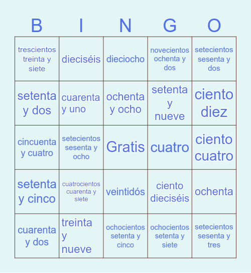 Los números (0 - 1001) Bingo Card