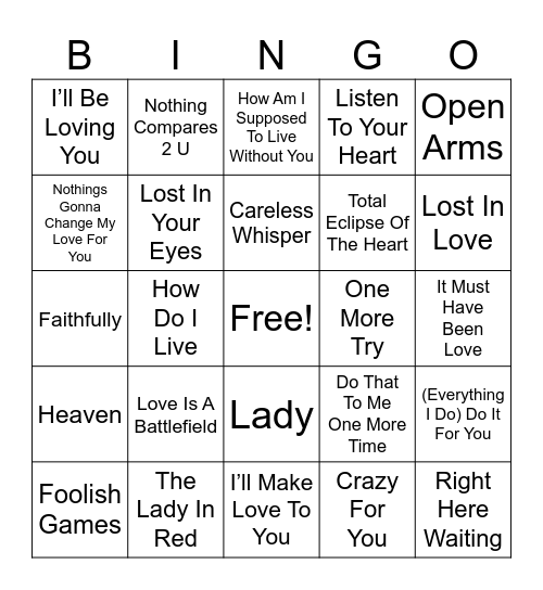 All About Romance Bingo Card