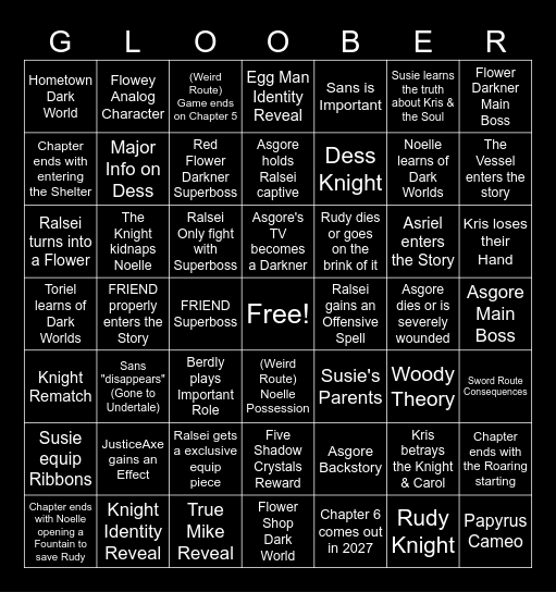 Deltarune Chapter 5 Bingo Card Bingo Card