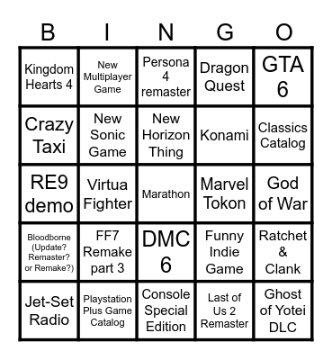 Playstation State of Play Bingo Card