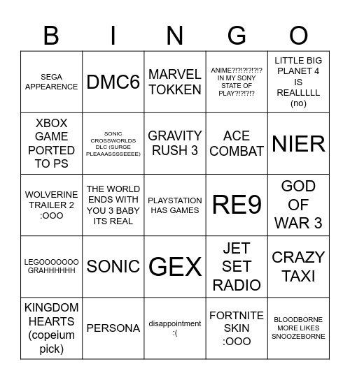 state of play yipeeeeeee 2026 Bingo Card