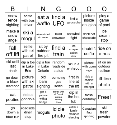 Jim’s Ski Trip Bingo Card