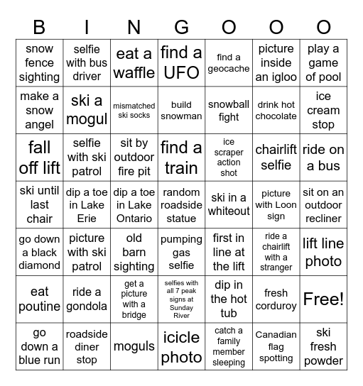 Jim’s Ski Trip Bingo Card