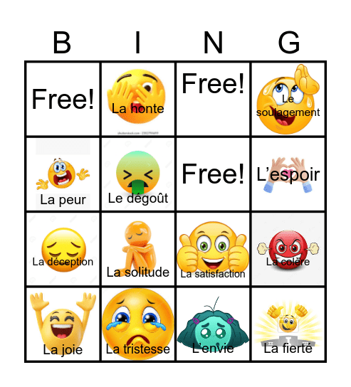 Les émotions Bingo Card