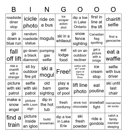 Jim’s Ski Trip Bingo Card