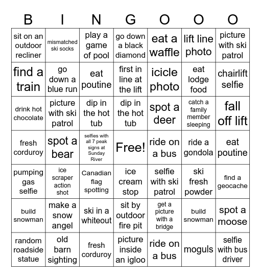 Olivia’s Ski Trip Bingo Card Bingo Card
