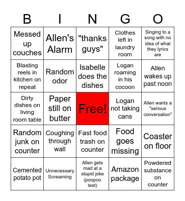 Roommate Bingo Card