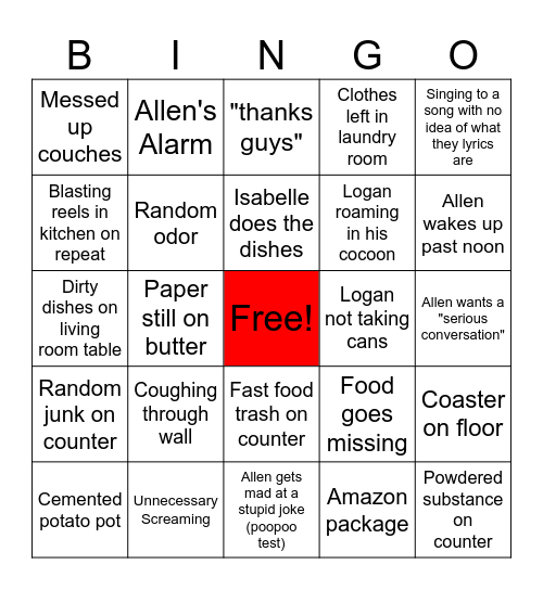 Roommate Bingo Card
