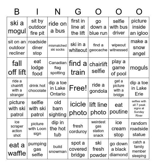 Liam’s Ski Trip Bingo Card Bingo Card
