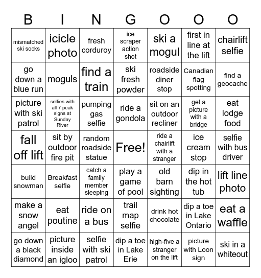 Hailey’s Ski Trip Bingo Card Bingo Card