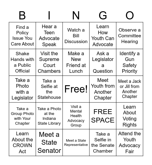 Jack and Jill Day at the Capitol Bingo Card