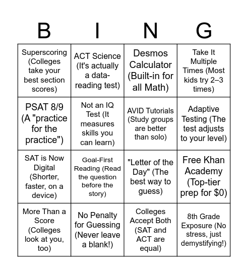 SAT/ACT Fact vs Myth Bingo Card