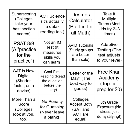 SAT/ACT Fact vs Myth Bingo Card