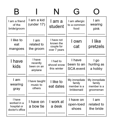 wedding cocktail hour game Bingo Card