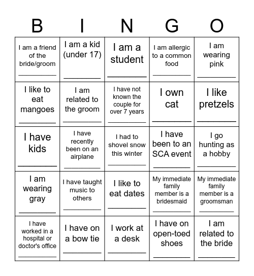 wedding cocktail hour game Bingo Card