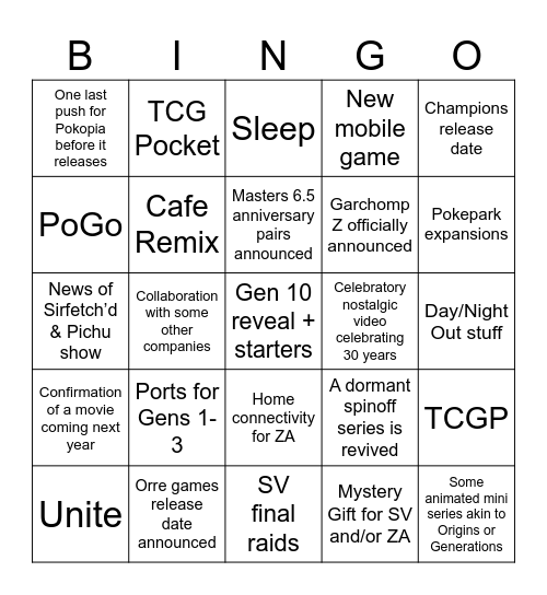 Pokèmon Presents 2026 Bingo Card