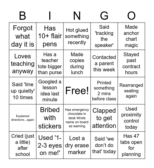 Student Teacher BINGO Card