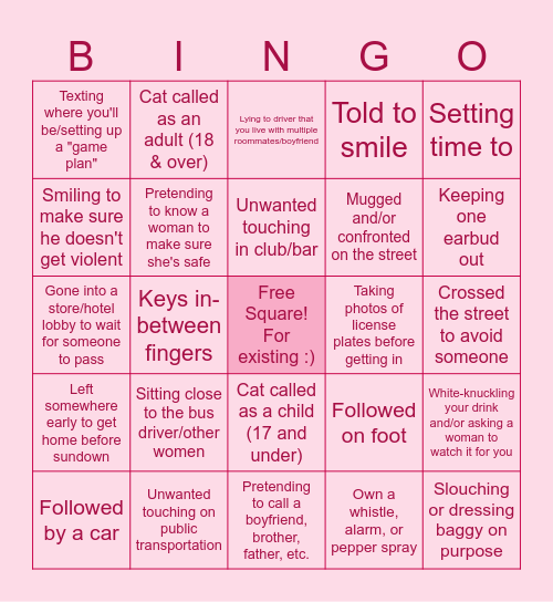 Sexual Harassment Bingo Card