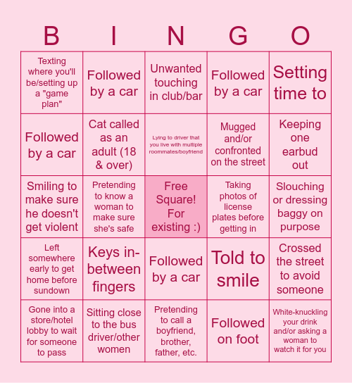Sexual Harassment Bingo Card
