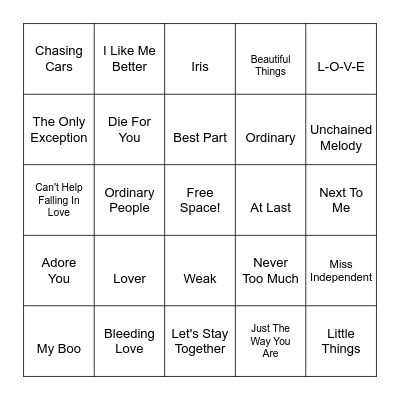Head Over Heels Bingo Card
