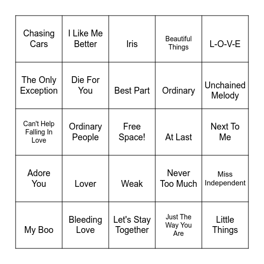 Head Over Heels Bingo Card