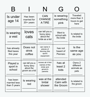 Wedding cocktail hour Bingo Card