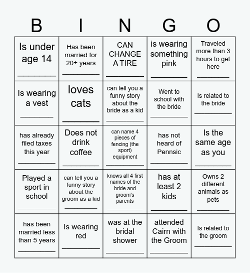 Wedding cocktail hour Bingo Card