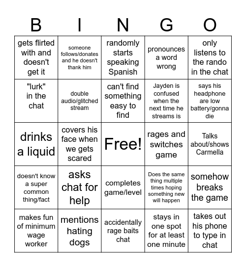 Jayden Stream Bingo Card