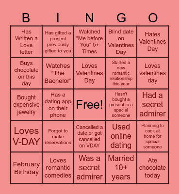 BINGO Valentines Day Edition Bingo Card