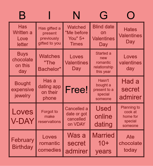 BINGO Valentines Day Edition Bingo Card