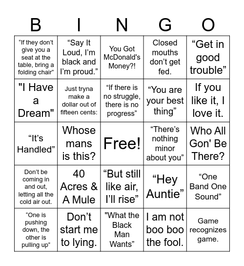Black History Quotes/Sayings Bingo Card