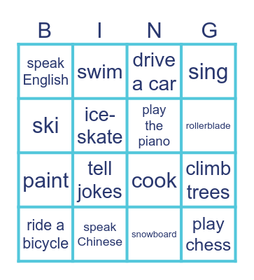 Activities Bingo Card