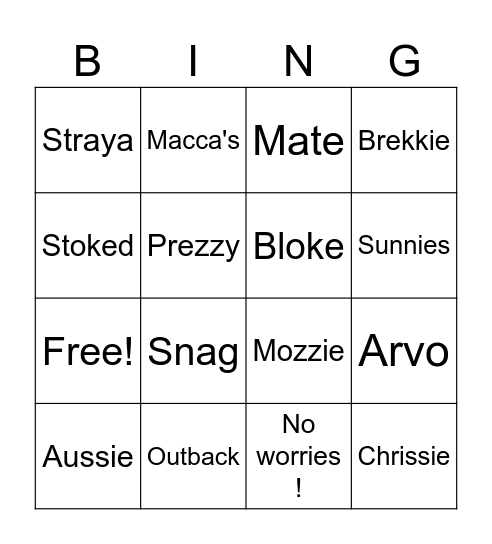 Aussie Slang Bingo Card