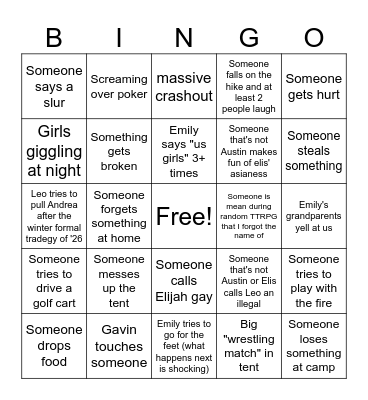 Camping Bingo Card