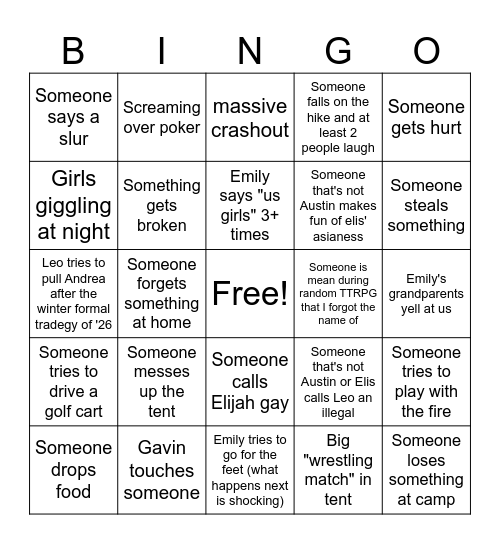 Camping Bingo Card